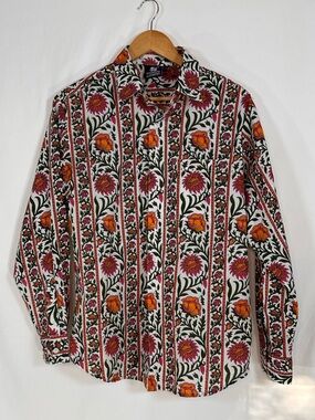 Madison Mathews Shirt Womens S Floral Block Print Cotton Button Down Boho India